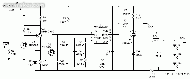 利用負(fù)輸出電壓，以升降壓拓樸調(diào)節(jié)恒定LED電流