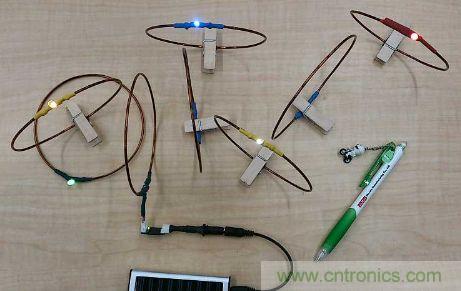 用來驗證&ldquo;直流共振方式&rdquo;的試制系統(tǒng)。在線圈間傳輸電力，點亮LED