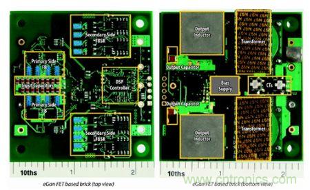 圖6：采用eGaN FET設(shè)計(jì)的48V至53V半磚PSE轉(zhuǎn)換器的頂視圖和底視圖(單位為英寸)。