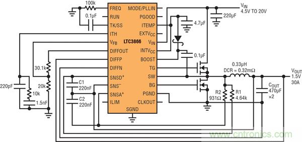 圖2：以非常低的DCR完成采樣的高效率、1.5V/30A降壓型轉(zhuǎn)換器
