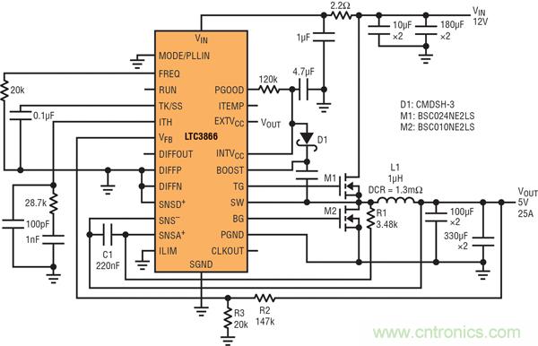 圖9：高效率電源，12V輸入至5V/25A輸出