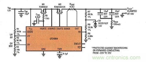 圖8：LTC4364 提供了針對(duì)過(guò)壓、短路或反向電壓的內(nèi)置輸出端口保護(hù)功能