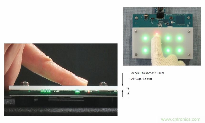 圖7. 安森美半導(dǎo)體電容式觸摸傳感器具有高度靈敏度，支持戴手套觸摸，支持含氣隙應(yīng)用