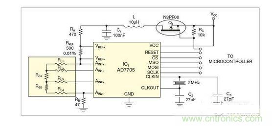 測(cè)量電路測(cè)三個(gè)點(diǎn)的值，微控制器就可以計(jì)算出傳感器值
