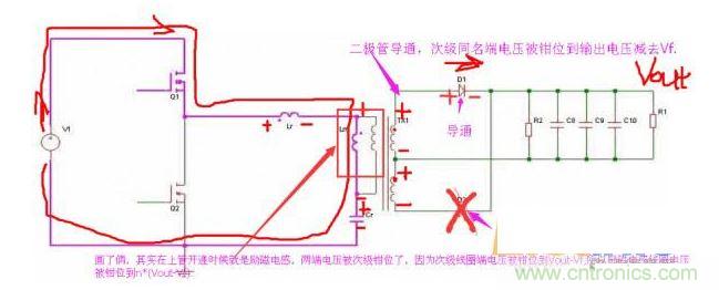 上管開(kāi)通，注意諧振電感、勵(lì)磁電感、諧振電容的正負(fù)