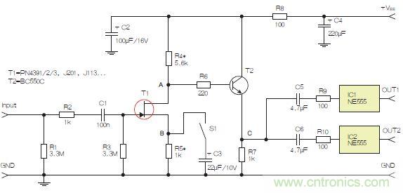 圖3：采用兩個(gè)工作在不同頻率下的555定時(shí)器電路，以獲取不同的音效。